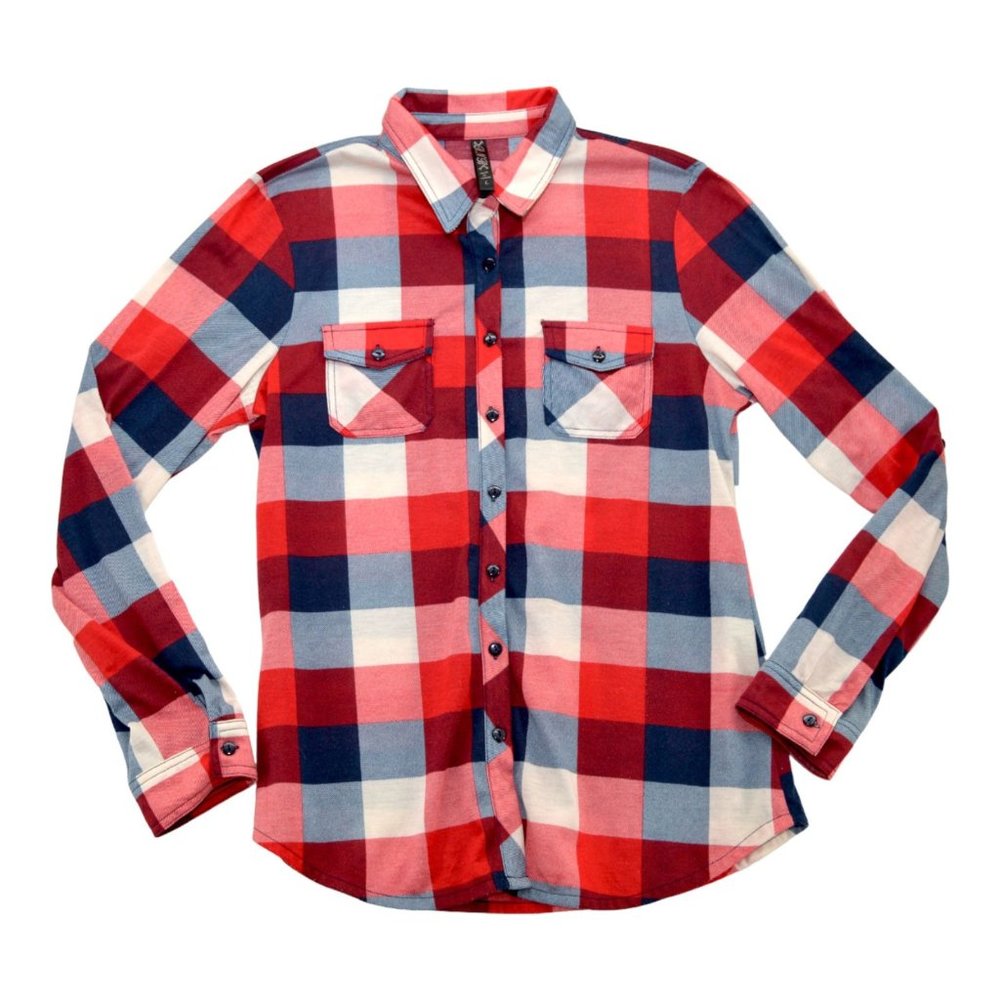 RNB Women Flannel Shirt Button Up Plaid Roll‎ Tab Long Sleeve  Large